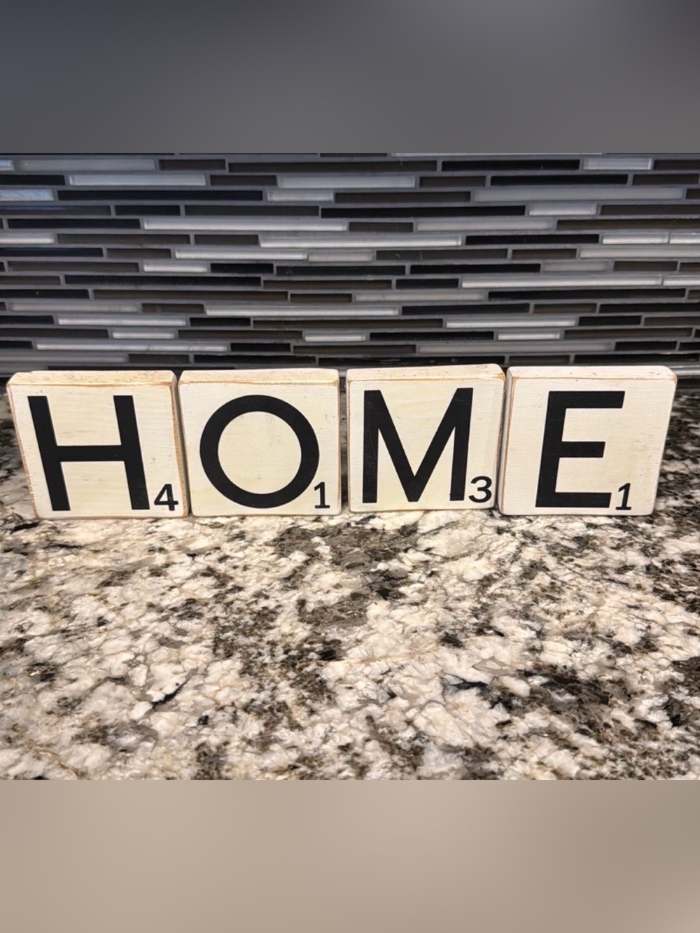 Wooden 'HOME' Scrabble Tile Blocks - Neutral Black Letters